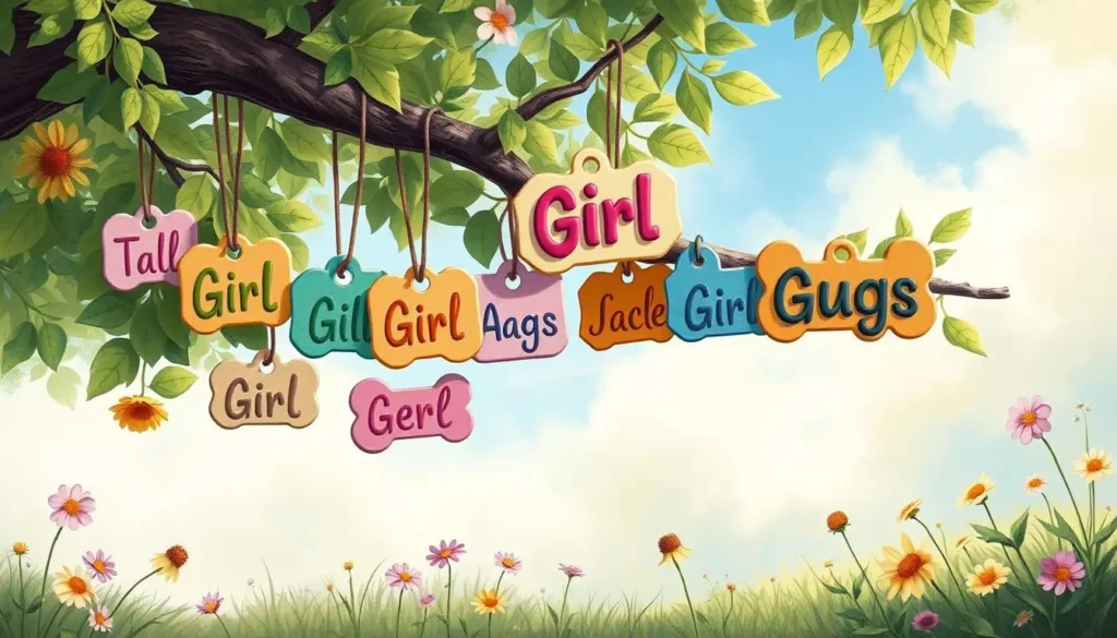 A whimsical scene featuring a variety of adorable girl dog names represented through playful, colorful dog tags hanging from a tree branch, surrounded by lush greenery and scattered wildflowers, with a soft, dreamy background depicting a sunny day.