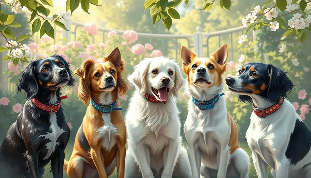 A charming scene featuring a group of elegant female dogs of various breeds, each adorned with classic, stylish collars. The background is a lush garden with blooming flowers, capturing the essence of timeless beauty. Soft sunlight filters through the leaves, highlighting the playful yet graceful demeanor of the dogs as they interact with each other, embodying the spirit of companionship and loyalty.