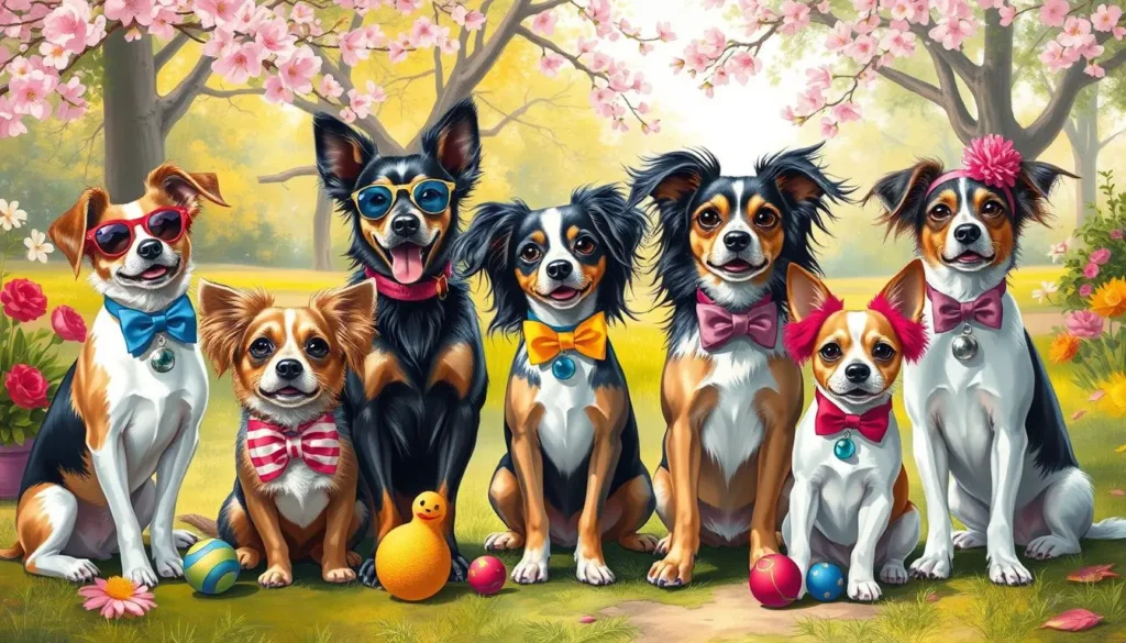 A vibrant scene featuring a diverse group of stylish girl dogs, each with unique, trendy names like Bella, Luna, and Daisy, surrounded by colorful accessories such as bows, collars, and toys in a playful park setting. The dogs are depicted in various poses, showcasing their personality and charm, with a backdrop of blooming flowers and sunlight filtering through trees.