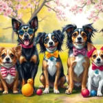 A vibrant scene featuring a diverse group of stylish girl dogs, each with unique, trendy names like Bella, Luna, and Daisy, surrounded by colorful accessories such as bows, collars, and toys in a playful park setting. The dogs are depicted in various poses, showcasing their personality and charm, with a backdrop of blooming flowers and sunlight filtering through trees.