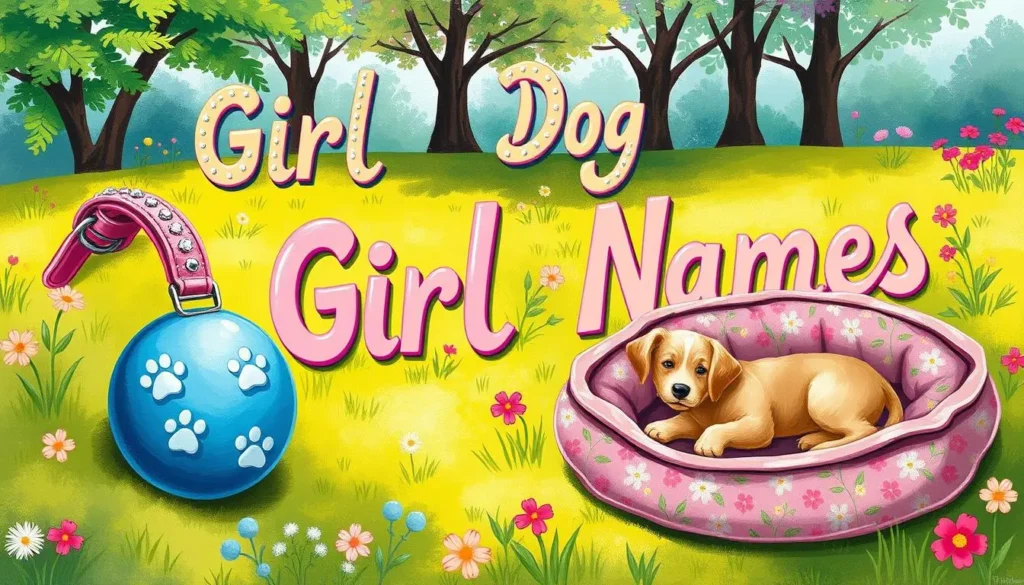 A whimsical illustration of a creative scene featuring various girl dog names represented by colorful, playful objects, such as a pink collar with rhinestones, a blue ball with paw prints, and floral patterns on a cozy dog bed, all set in a vibrant park with green grass and blooming flowers