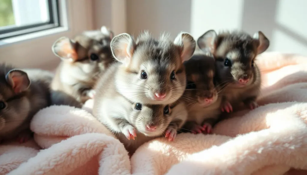 A group of fluffy baby chinchillas nestled together on a soft, pastel-colored blanket, their round eyes sparkling with curiosity, surrounded by gentle sunlight streaming through a nearby window, highlighting their velvety fur and tiny paws.