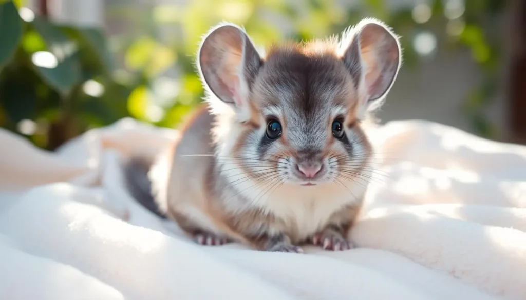 A fluffy baby chinchilla sitting on a soft pastel-colored blanket, its large, expressive eyes sparkling with curiosity, surrounded by gentle sunlight filtering through leaves, showcasing its velvety fur and tiny paws.