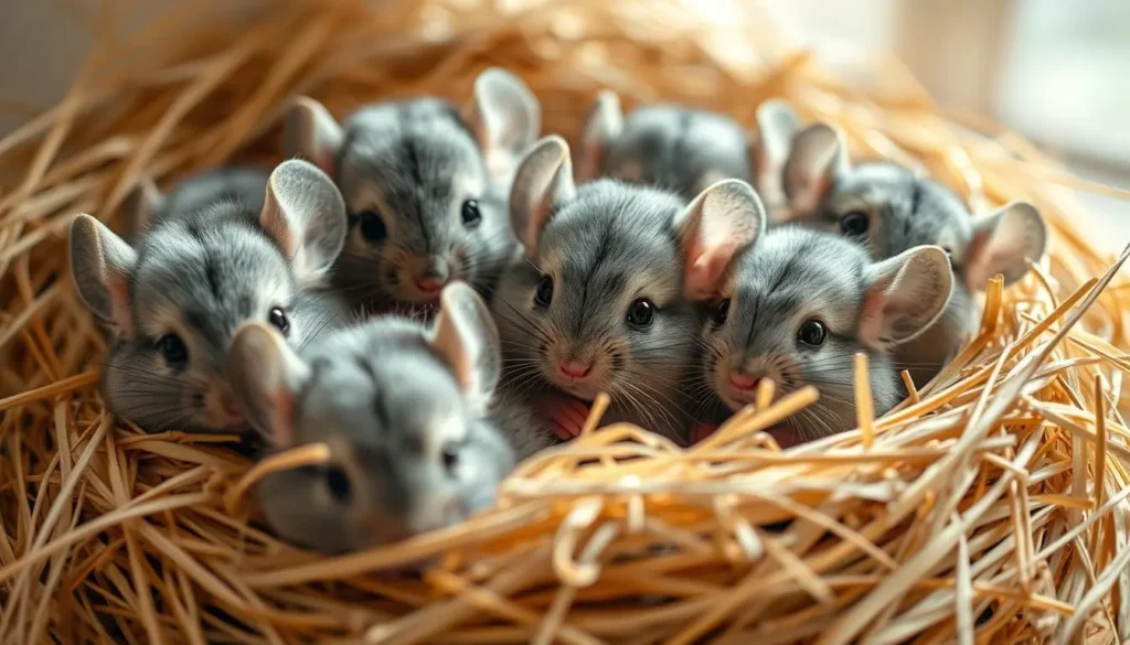 A group of adorable baby chinchillas nestled together in a soft, cozy nest made of hay, their round eyes sparkling with curiosity, fluffy grey fur glistening in soft, warm light, surrounded by gentle pastel colors and a serene natural setting.