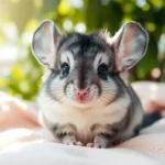 A fluffy baby chinchilla sitting on a soft pastel-colored blanket, its large, expressive eyes sparkling with curiosity, surrounded by gentle sunlight filtering through leaves, showcasing its velvety fur and tiny paws.