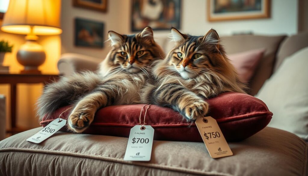 A Maine Coon cat lounging gracefully on a velvet cushion, surrounded by a range of price tags featuring various amounts, elegantly displayed like art pieces; the background is a soft, blurred interior of a cozy home, highlighting the cat's majestic features and fluffy coat.