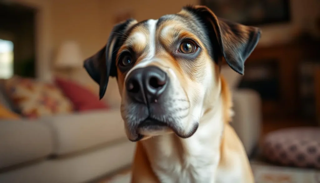 A close-up of a dog giving a side eye, with expressive eyes and slightly raised eyebrows, sitting in a cozy living room setting with soft lighting, warm colors, and a hint of curiosity in its posture.