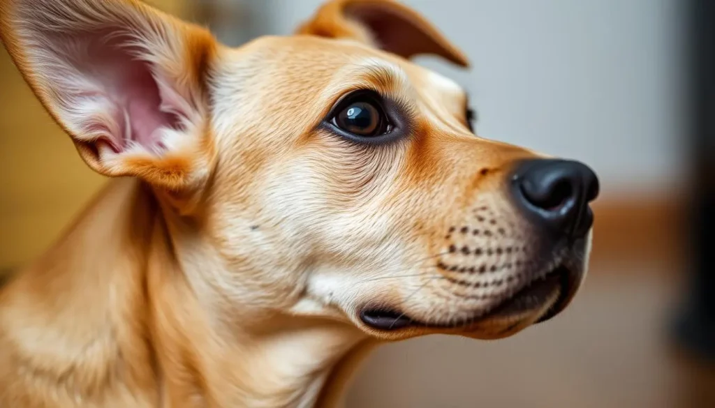 A close-up of a dog displaying a side eye gaze, with one eye peering curiously to the side, showcasing its expressive ear position and relaxed body posture. The background is blurred to emphasize the dog's facial features, with soft lighting highlighting the texture of its fur.