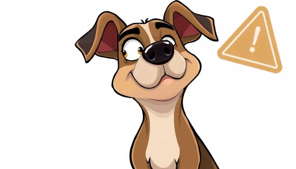 A cartoon-style dog with exaggerated features giving a side-eye glance, set against a bright, playful background with a subtle warning symbol, emphasizing the dog's expressive eyes and body language.