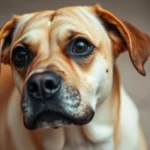 A close-up of a dog displaying a side eye gaze, with one eye peering curiously to the side, showcasing its expressive ear position and relaxed body posture. The background is blurred to emphasize the dog's facial features, with soft lighting highlighting the texture of its fur.