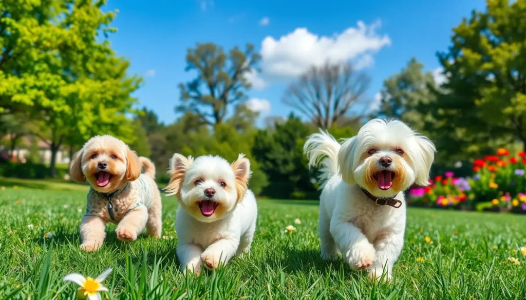 A playful scene featuring various hypoallergenic dog breeds, such as a Poodle, Bichon Frise, and Maltese, frolicking in a sunny park, surrounded by lush green grass and colorful flowers, with bright blue skies above. The dogs are shown in joyful poses, showcasing their fluffy coats and friendly expressions, while a gentle breeze rustles the leaves on nearby trees.