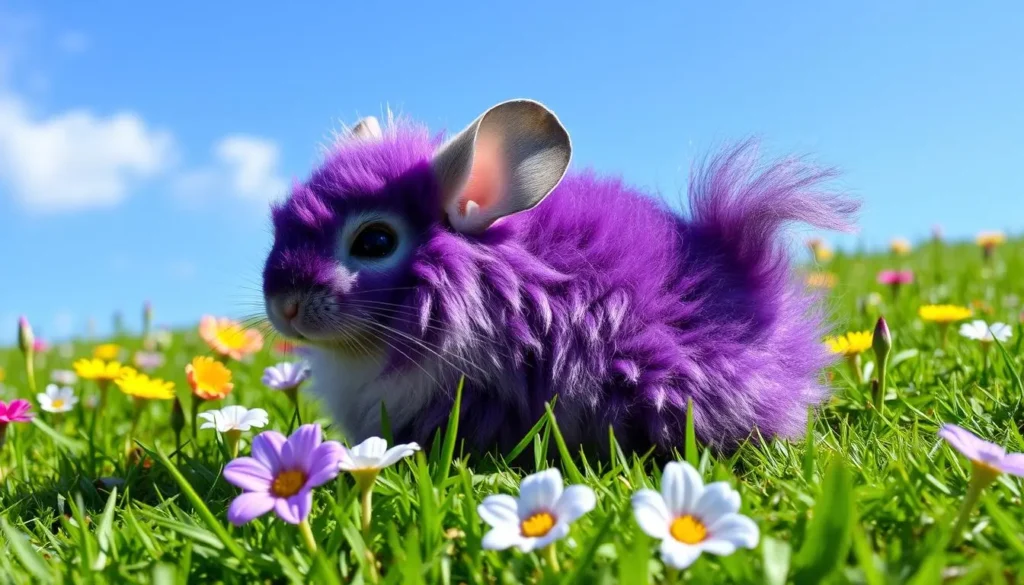 A whimsical purple chinchilla sitting on a vibrant green patch of grass, surrounded by colorful flowers, under a clear blue sky, with its fluffy purple fur reflecting sunlight, showcasing intricate textures and details.