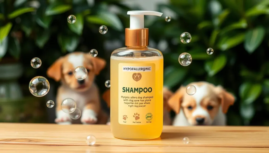 A bottle of hypoallergenic dog shampoo with a sleek design, surrounded by soft bubbles and delicate paw prints, placed on a natural wooden surface, with a background of green foliage and a few playful puppies peeking through, highlighting a clean and fresh atmosphere.