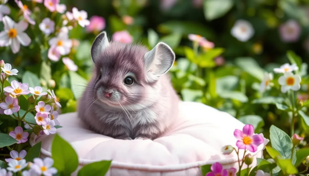 A whimsical purple chinchilla sitting on a soft, pastel-colored cushion surrounded by vibrant, lush greenery, with delicate flowers in various colors blooming around it, showcasing its fluffy fur and playful demeanor under soft, natural light