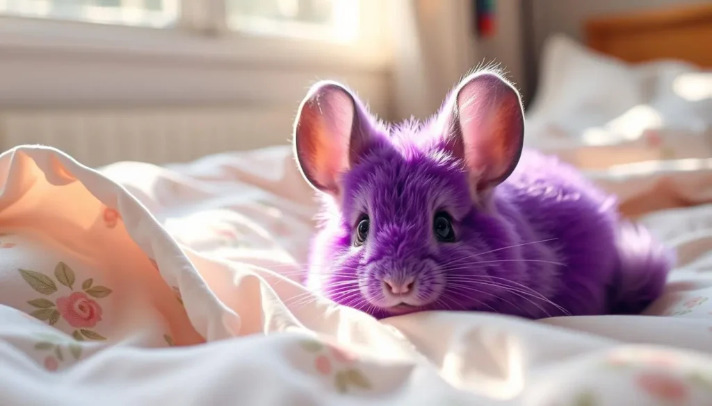 A whimsical purple chinchilla sitting on a soft, pastel-colored cushion surrounded by vibrant, lush greenery, with delicate flowers in various colors blooming around it, showcasing its fluffy fur and playful demeanor under soft, natural light.