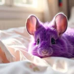 A whimsical purple chinchilla sitting on a soft, pastel-colored cushion surrounded by vibrant, lush greenery, with delicate flowers in various colors blooming around it, showcasing its fluffy fur and playful demeanor under soft, natural light.