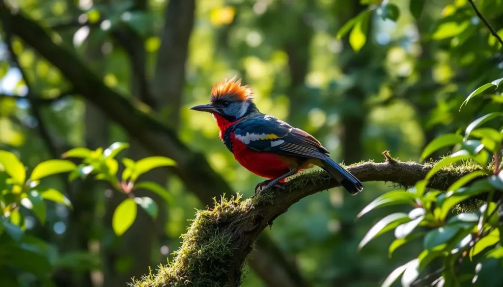 A vibrant crested woodland bird perched on a moss-covered branch, surrounded by lush green foliage and soft dappled sunlight filtering through the trees, with intricate feather patterns and a colorful crest, capturing the essence of a serene forest habitat.