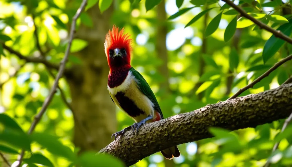 A vibrant crested woodland bird perched gracefully on a branch, surrounded by lush green foliage and dappled sunlight filtering through the leaves, showcasing its colorful plumage and distinctive crest in a serene forest setting.