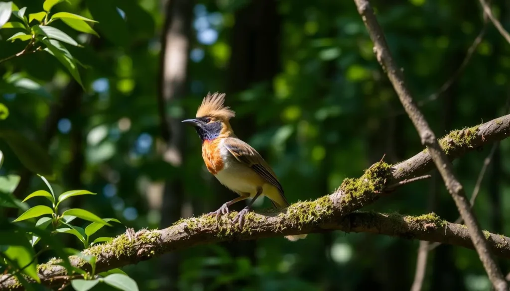 A vibrant crested woodland bird perched on a moss-covered branch, surrounded by lush green foliage and dappled sunlight filtering through the trees, showcasing its intricate plumage and distinctive crest, in a serene forest setting.