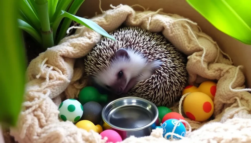 A cute hedgehog curled up in a cozy nest of soft bedding, surrounded by colorful toys and a small water dish, with a gentle light filtering through the leaves of a green plant in the background.