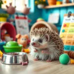 A whimsical scene featuring a hedgehog surrounded by various items that symbolize price factors, such as a small food bowl, toys, a cozy habitat, and colorful charts with different price tags, all set in a vibrant pet shop environment, soft natural lighting, inviting and playful atmosphere.