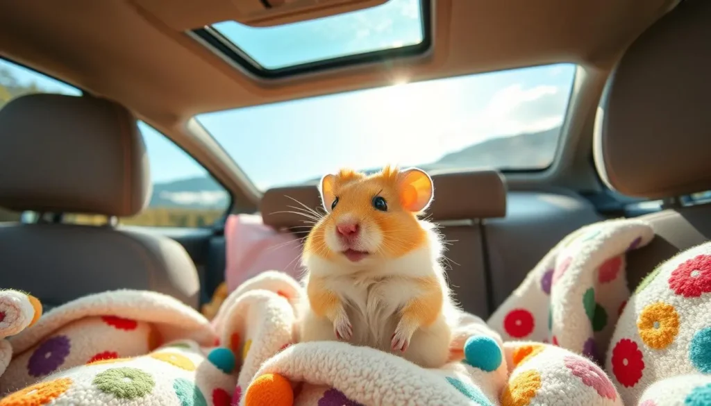 A fluffy hamster sitting in a cozy car interior, with a sunroof open allowing sunlight to stream in, surrounded by soft blankets and small toys, colorful seat covers enhancing the playful atmosphere, and a scenic view of nature visible through the window.