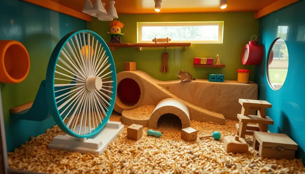 A vibrant, colorful hamster habitat featuring a spacious exercise wheel, intricate tunnels, natural wood shavings, and various enrichment toys like chewable blocks and a mini climbing structure, under soft ambient lighting with a window showcasing a sunny outdoor scene.