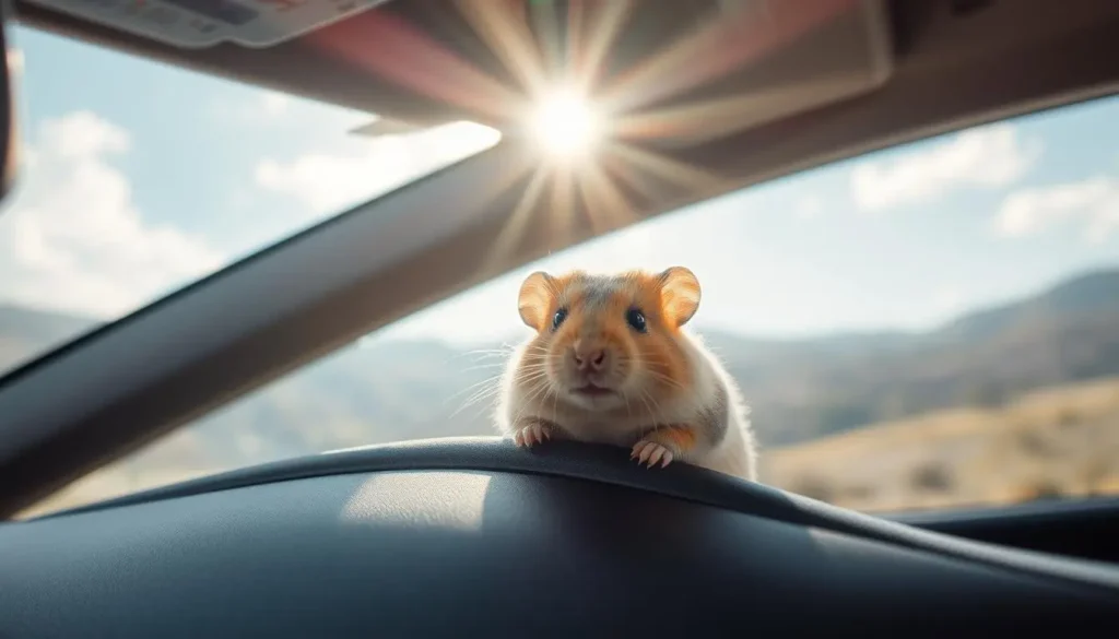 A playful hamster peeking out of a car's open sunroof, bright sunlight streaming in, surrounded by a scenic outdoor landscape, soft fur illuminated, attention to detail on the vehicle’s interior and the hamster's curious expression.