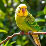 A vibrant scene showcasing a variety of English budgies in different color variations, including bright blues, greens, yellows, and whites. Each bird displaying unique feather patterns and shades, perched on colorful branches against a soft, natural background filled with lush foliage and gentle sunlight filtering through.