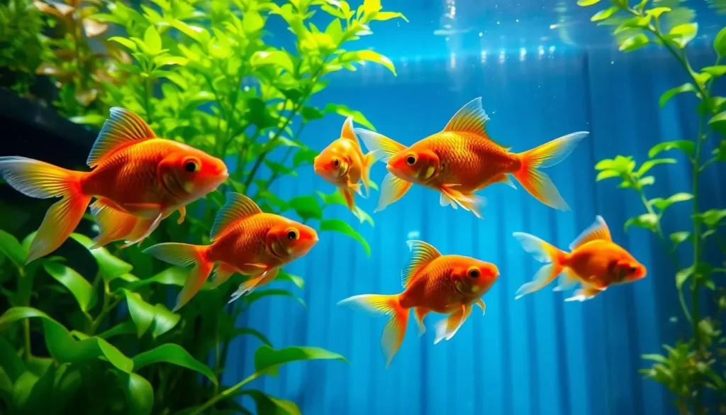 A vibrant aquarium scene featuring a group of Ranchu goldfish swimming gracefully among lush aquatic plants, with sunlight filtering through the water, casting shimmering reflections on the tank's surface.