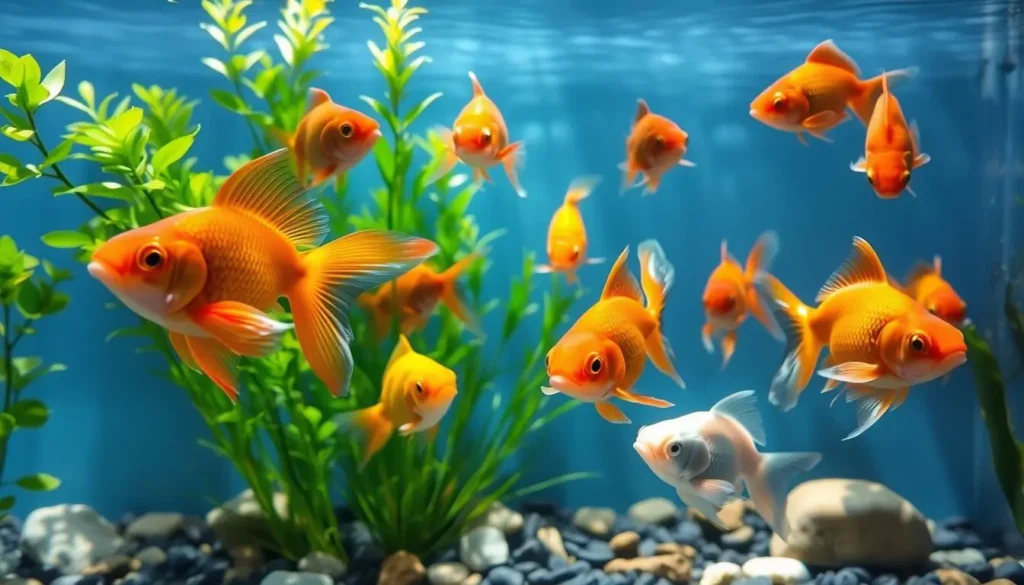 A serene aquarium scene featuring a variety of healthy Ranchu goldfish in vibrant colors, swimming gracefully among lush aquatic plants and pebbles. Sunlight filters through the water, highlighting their round bodies and flowing fins. The background includes soft blue water ripples, creating a calm, inviting atmosphere that emphasizes the beauty and charm of these aquatic pets.