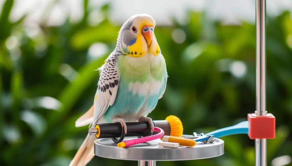 "An English budgie perched on a grooming stand, surrounded by colorful grooming tools like brushes and nail clippers, soft natural light highlighting its vibrant feathers, a calm and serene atmosphere, a background of lush greenery"