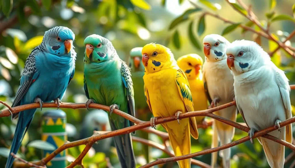 A vibrant scene showcasing a variety of English budgies in different color variations, including bright blues, greens, yellows, and whites. Each bird displaying unique feather patterns and shades, perched on colorful branches against a soft, natural background filled with lush foliage and gentle sunlight filtering through.