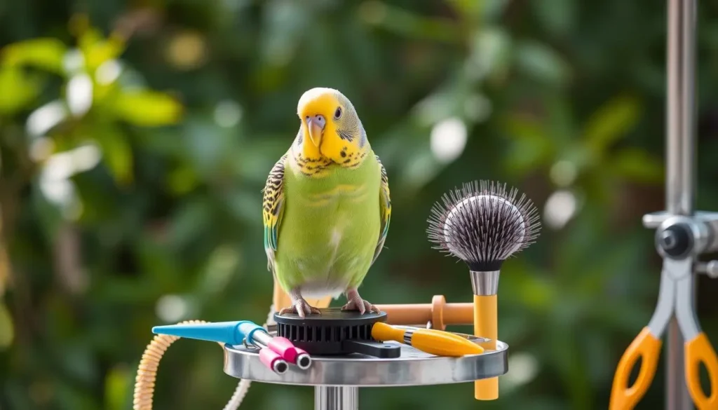 A vibrant English Budgie perched on a colorful branch, showcasing its striking plumage of bright greens and yellows, with delicate patterns on its wings and a cheerful expression, surrounded by lush greenery and soft sunlight filtering through the leaves.