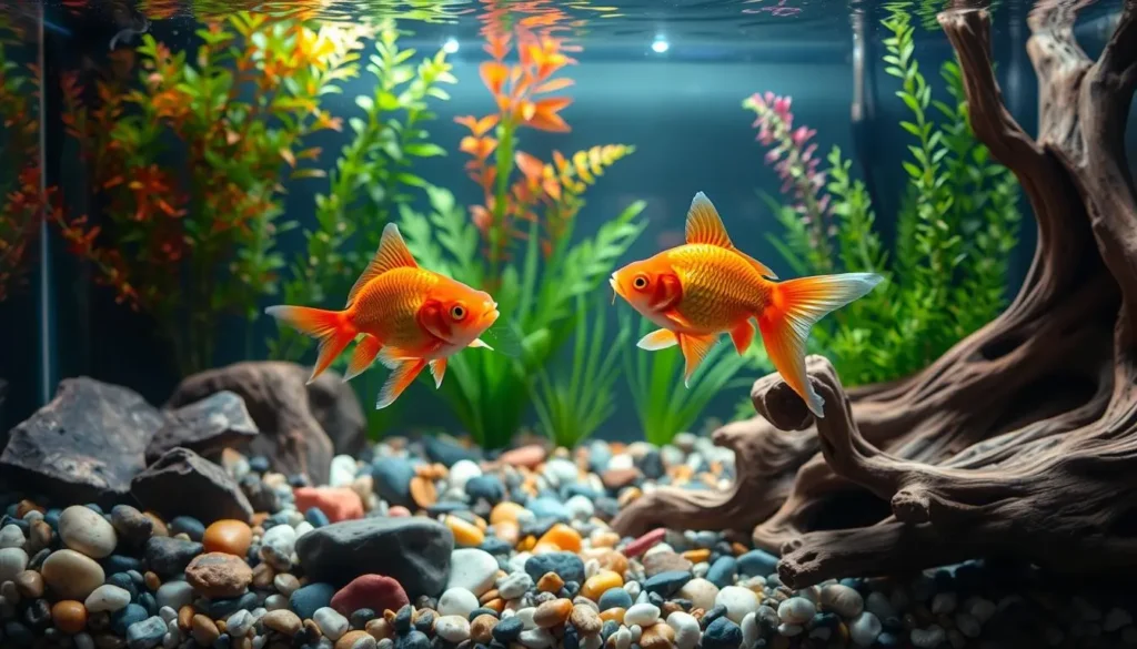 "Vibrant Ranchu goldfish swimming gracefully in a beautifully decorated aquarium filled with lush aquatic plants, colorful pebbles, and elegant driftwood accents, soft ambient lighting casting gentle reflections on the water's surface."