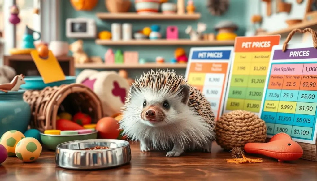 A whimsical scene featuring a hedgehog surrounded by various items that symbolize price factors, such as a small food bowl, toys, a cozy habitat, and colorful charts with different price tags, all set in a vibrant pet shop environment, soft natural lighting, inviting and playful atmosphere.