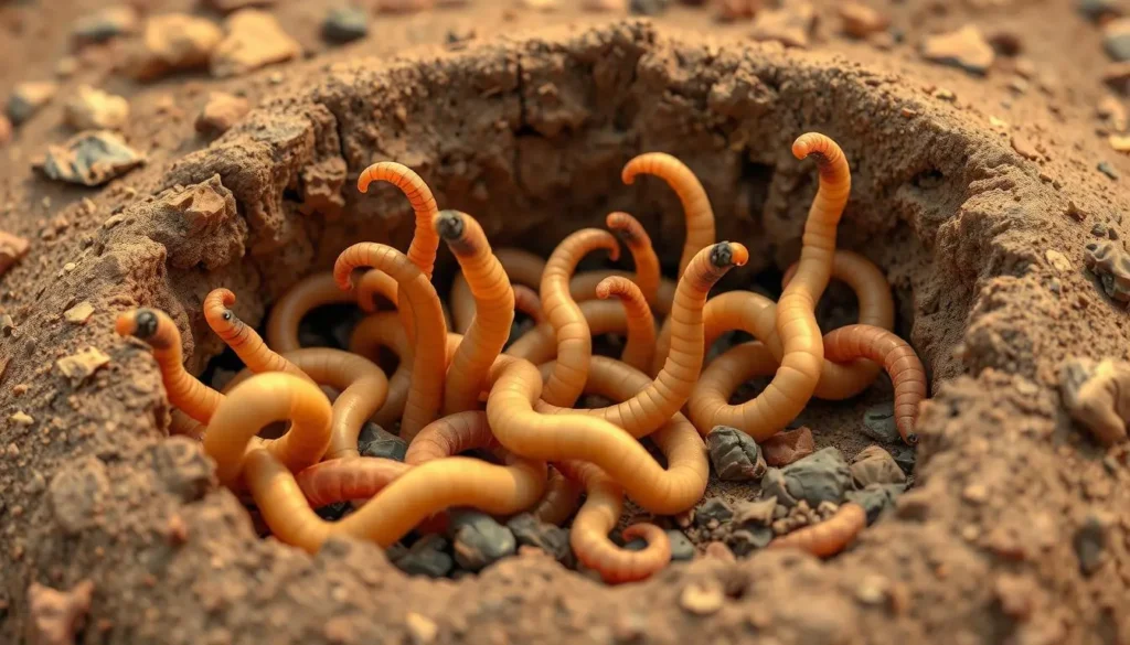 Worms wriggling in dog feces, close-up view highlighting different types of worms, natural outdoor setting, texture details of poop and worms, realistic colors and lighting.