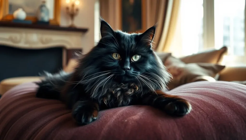 A regal black Maine Coon cat lounging elegantly on a plush velvet cushion, sunlight filtering through a window, highlighting its luxurious fur and expressive green eyes, surrounded by soft, ambient shadows in an opulent living room setting.