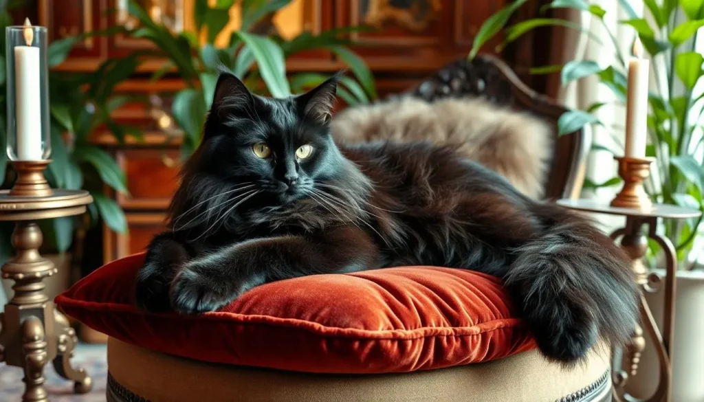 A regal black Maine Coon cat lounging elegantly on a plush velvet cushion, sunlight filtering through a window, highlighting its luxurious fur and expressive green eyes, surrounded by soft, ambient shadows in an opulent living room setting.