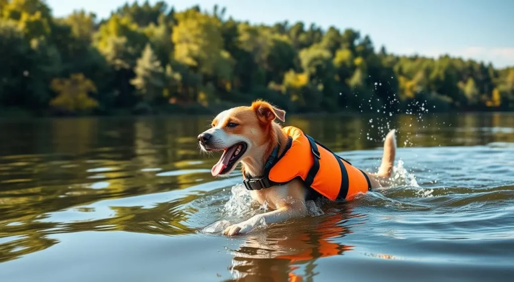 A playful dog wearing a bright orange life jacket, splashing in a calm lake surrounded by green trees, sunlight reflecting on the water, showcasing safety and fun in outdoor adventures.