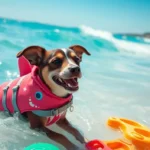 A playful dog wearing a vibrant shark-themed life jacket, splashing in a bright blue ocean, surrounded by colorful beach toys, sunlit waves gently rolling in the background, with a clear sky and a hint of tropical foliage along the shore.