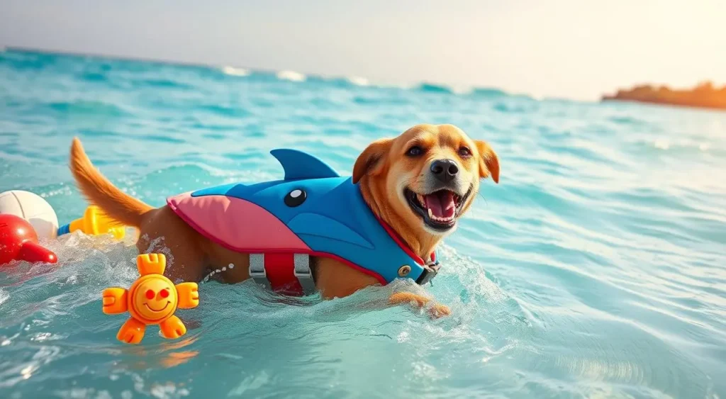 A playful dog wearing a vibrant shark-themed life jacket, splashing in a bright blue ocean, surrounded by colorful beach toys, sunlit waves gently rolling in the background, with a clear sky and a hint of tropical foliage along the shore.