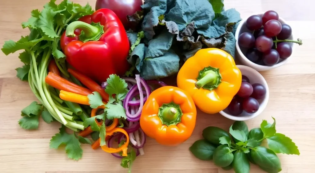 A colorful assortment of guinea pig-friendly foods, including fresh leafy greens, vibrant bell peppers, and a small bowl of grapes, arranged on a natural wooden surface with soft, natural lighting.