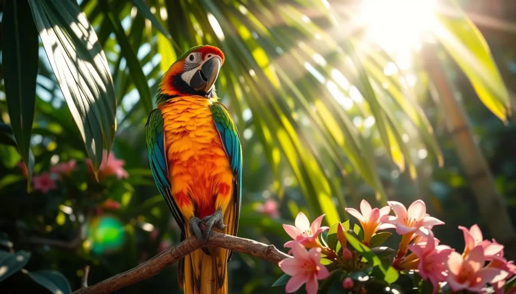 A vibrant parrot basking in sunlight on a tropical branch, its colorful feathers glistening as rays of sun penetrate through the leaves above, showcasing the intricate patterns and textures of its plumage, surrounded by lush greenery and blooming flowers, with soft shadows casting a serene atmosphere.