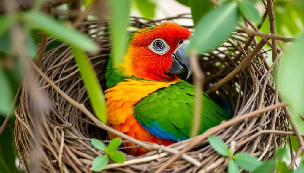 A vibrant conure parrot nestled comfortably in a cozy, natural nest, with its colorful plumage prominently displayed, while its head peeks out, surrounded by lush greenery and delicate twigs, creating a serene and inviting atmosphere.