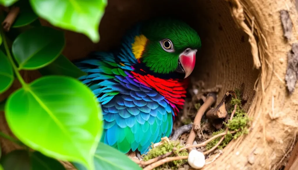 A vibrant conure parrot nestled in a cozy, natural nesting box, its colorful feathers glistening in soft light, with its head peeking out curiously. Surrounding the nest are lush green leaves and soft nesting materials like moss and twigs, creating a warm and inviting atmosphere.