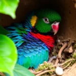 A vibrant conure parrot nestled in a cozy, natural nesting box, its colorful feathers glistening in soft light, with its head peeking out curiously. Surrounding the nest are lush green leaves and soft nesting materials like moss and twigs, creating a warm and inviting atmosphere.