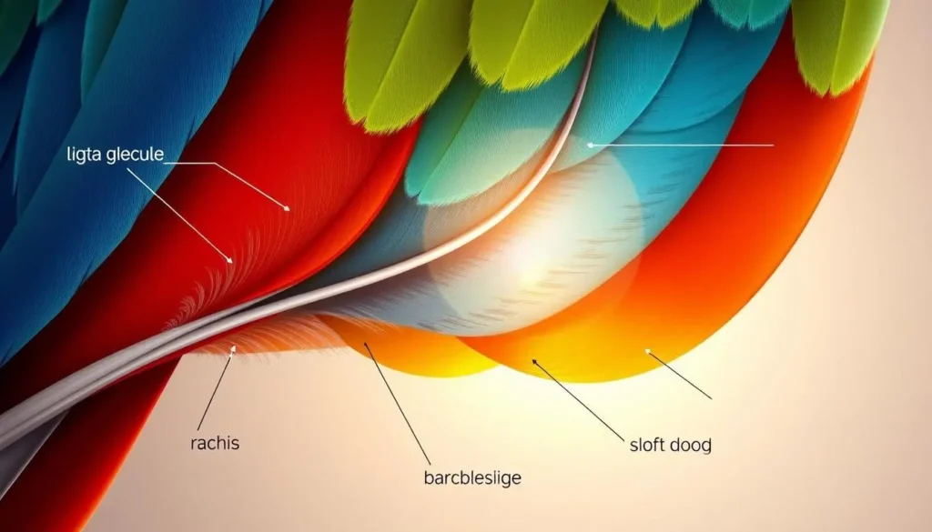 Detailed illustration of parrot feather anatomy, showcasing intricate structures such as the rachis, barbs, and barbules, with sunlight filtering through the vibrant colors, emphasizing light absorption and translucence, on a soft gradient background.