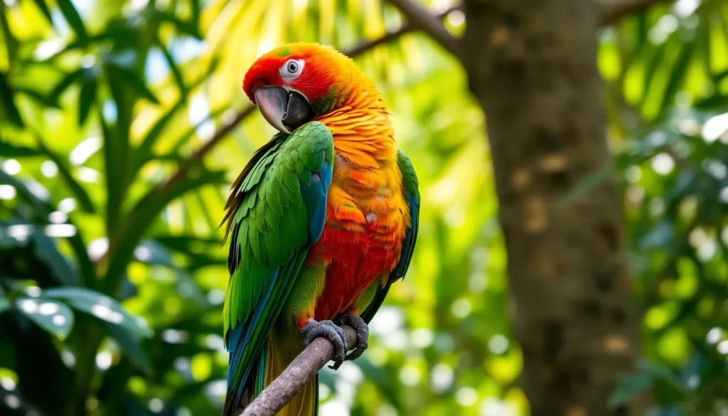 A vibrant conure parrot perched on a branch, preening its colorful feathers in a lush tropical setting, with dappled sunlight filtering through the leaves, capturing the details of its bright plumage and the gentle motion of its beak grooming its feathers.