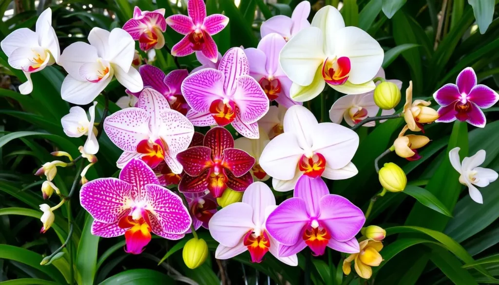 A vibrant display of various types of orchids, showcasing their unique shapes, colors, and patterns; a lush background of green foliage, featuring exotic species like Phalaenopsis, Cattleya, Dendrobium, and Vanda, illuminated by soft natural light to highlight the delicate textures of the petals.